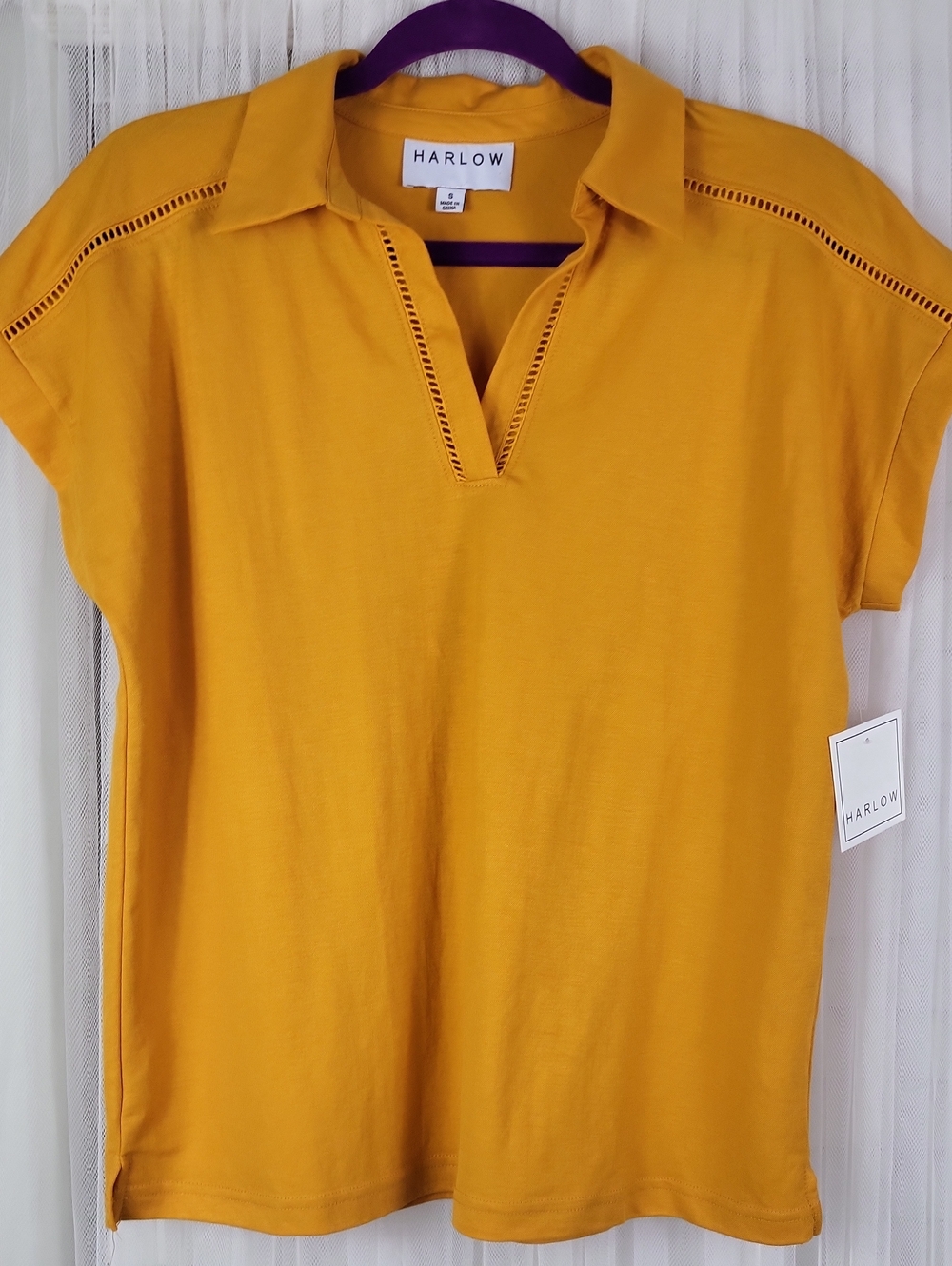 Harlow Women's Mustard Split-Neck Polo Top. Size S
